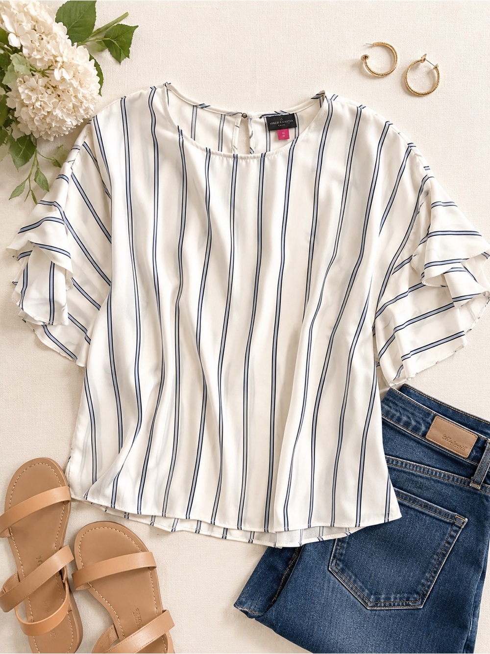 Vince Camuto White & Blue Striped Ruffle Sleeve Blouse Size Medium Coastal Chic